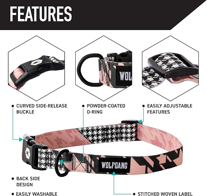 Wolfgang Heavy Duty Martingale Dog Collar with Quick Release Nylon Buckle for Walking & Training, HoundsPink Print, Medium