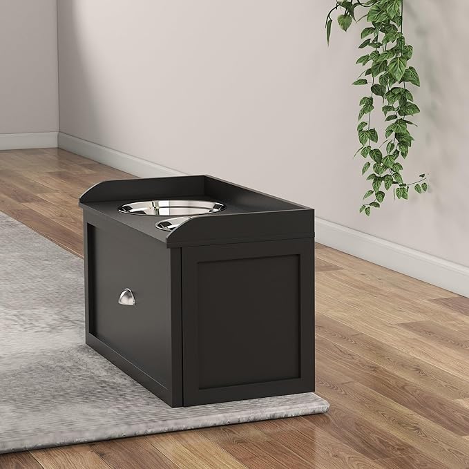 PawHut Dog Feeding Station with Storage Drawer - Removable Elevated Dog Bowls for Large Dogs, Black