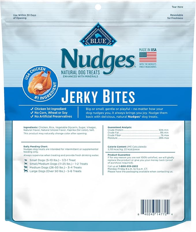 Blue Buffalo Nudges Jerky Bites Dog Treats, Made in The USA with Natural Ingredients, Bite-Sized Pieces, Chicken, 5-oz Bag (Pack of 2)