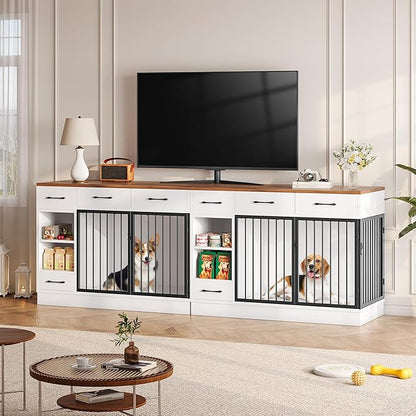 Dog Crate with Hidden Feeder Bowl & 3 Storage Drawers - 47.2" Wooden Dog Cage Indoor with Adjustable Shelf, 2 Doors Dog Kennel Furniture for Medium & Small Dogs, Multi-Functional Pet End Table