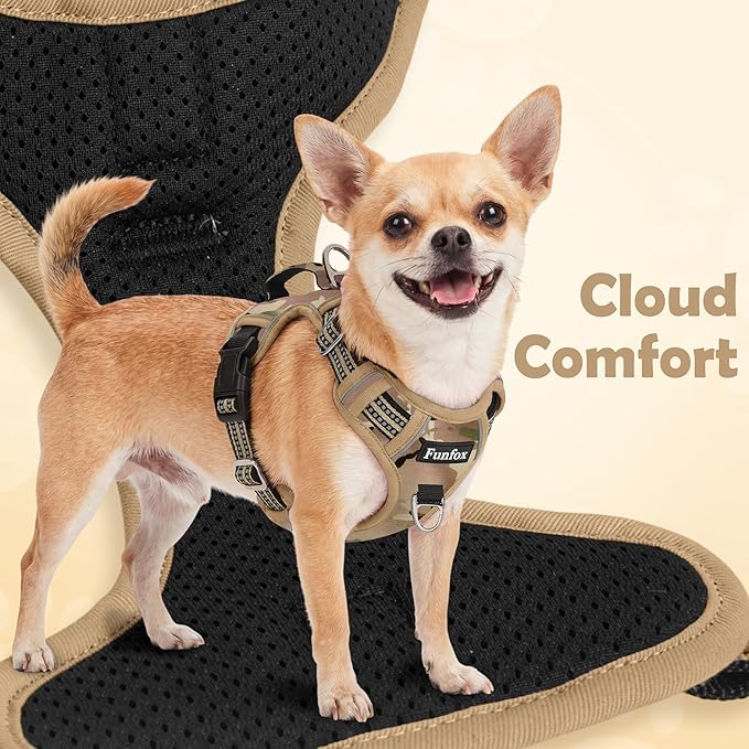 Funfox Dog Harness No Pull, Adjustable Pet Vest Harness, Super Soft Material with Vertical Handle Easy Control, Reflective Night Walking, 2 Leash Clips for Small Sized Dogs, Camo Brown, S