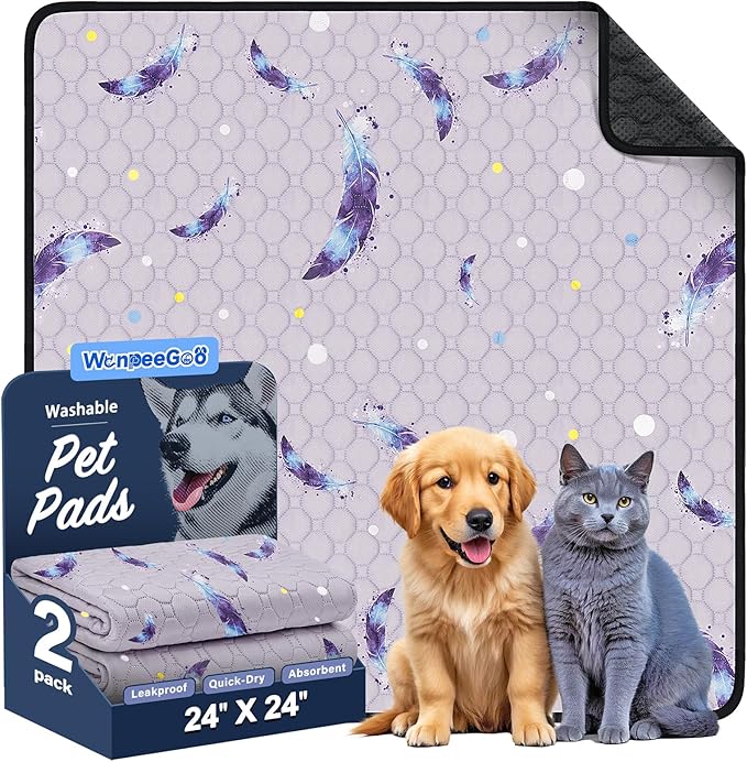 WanpeeGoo Washable Pee Pads for Dogs, 2Pack Reusable Puppy Pads, Super Absorbent & Leakproof Dog Pads, Anti-Slip Dog Pee Pads for Puppy Training & Incontinence, Feather Pattern 24"x24"