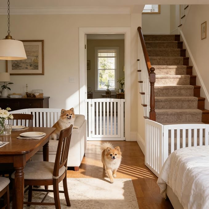 Dog Gate Pet Gate Indoor for Stairs Doorways 82x24 Inch 4 Panels Dog Fence Extra Wide Wooden White