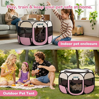 Dog Cat Playpen, Portable Puppy Pet Crate Indoor for Small Dogs Cats Rabbits, Foldable Dog Cage Enclosure for Outdoor, Pop Up Dogs Tent Kennel with Carrying Case, Pink