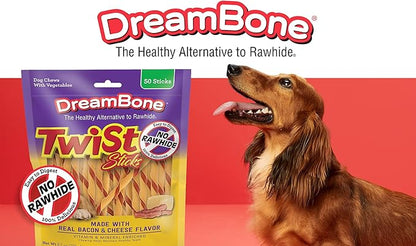 Dreambone Twist Sticks with Real Bacon and Cheese Flavor 50 Count, Rawhide-Free Chews for Dogs (3 Pack)