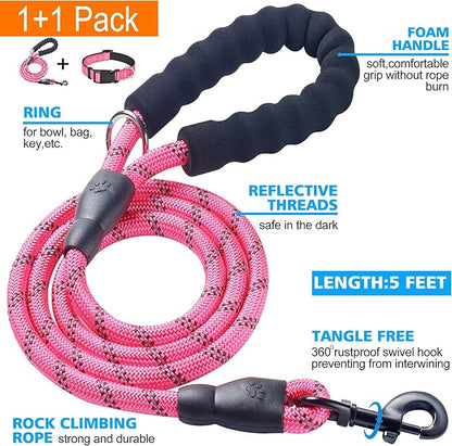 Ladoogo Reflective Dog Collar Padded with Soft Neoprene Breathable Adjustable Nylon Dog Collars for Small Medium Large Dogs (Medium (Pack of 1), Pink Collar+Leash)