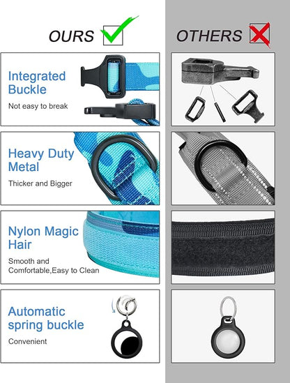 Hotsky Tactical Dog Collar and Leash Set, Heavy Duty Military Airtag Dog Collar with Handle and Metal Buckle for Training and Walking, with Airtag Holder and Two Patches (Blue Camo, M)