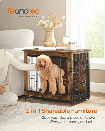 Feandrea 27.2" Dog Crate Furniture, Indoor Dog Cage Side End Table, M Pet Wood Kennel for Medium and Small Dogs up to 30 lb with Multi-Purpose Removable Tray, Double-Door Pet House, Rustic Brown