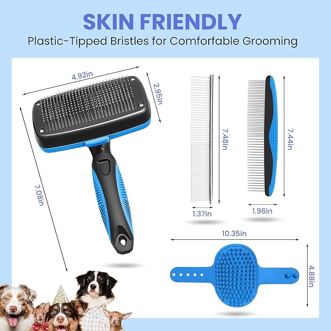 Self Cleaning Shedding Brush - 5-in-1 Professional Pet Grooming Kit Skin Friendly Grooming Tool for Dogs, Cats, and Puppies, Deshedding and Hair Removal for Long and Short Haired Pets, Blue