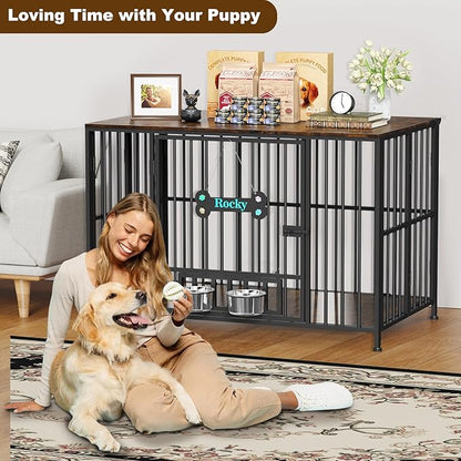 Easycom 43" Dog Crate Furniture Foldable, No Assembly Decorative Dog Kennel Indoor, XL Dog Crates for Large Dogs (60-80 lbs), Wooden Dog Cage with Adjustable Bowls and Name Tag, Rustic Brown