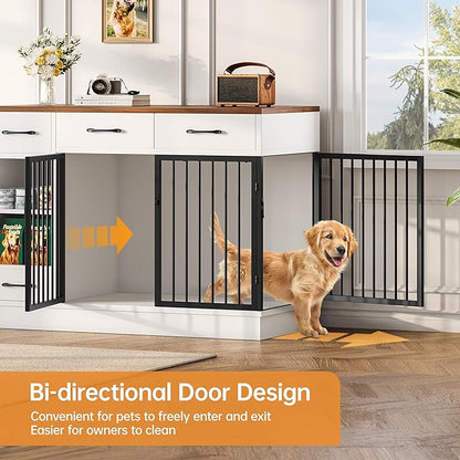 OtterOasis Large Dog Crate Furniture, 47.2'' Dog Kennel Indoor with 3 Storage Drawers and Hidden Feeding Bowl, Sturdy Wooden Dog Crate with 2 Doors and Adjustable Shelf for Small, Medium Dogs