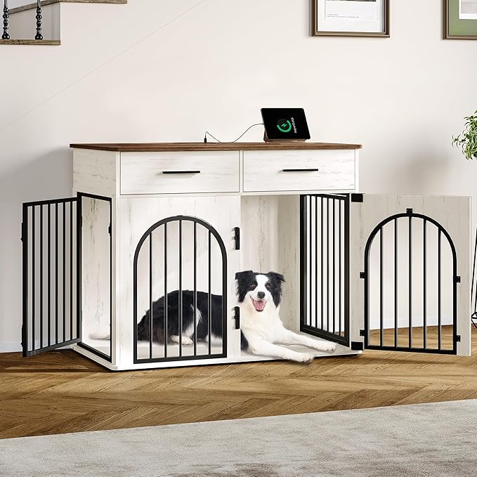 Hzuaneri 39.4'' Large Dog Crate Furniture with 2 Storage Drawers, Heavy Duty Dog Kennel Indoor with Charging Station, Wooden Dog Cage End Table Kennel for Medium/Large Dogs, White Brown DFC84214B