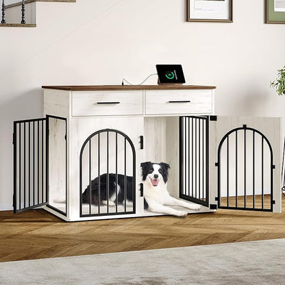 Hzuaneri 39.4'' Large Dog Crate Furniture with 2 Storage Drawers, Heavy Duty Dog Kennel Indoor with Charging Station, Wooden Dog Cage End Table Kennel for Medium/Large Dogs, White Brown DFC84214B