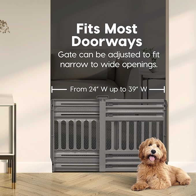 IRIS USA 25"-39" Dog Gate, Adjustable Indoor Pet Barrier, Pet Gate for Puppy, Small Dog, Cat, Easy Twist-to-Lock for Doorways & Stairs, Portable, Expandable, 25" Tall, Gray