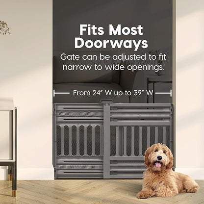 IRIS USA 25"-39" Dog Gate, Adjustable Indoor Pet Barrier, Pet Gate for Puppy, Small Dog, Cat, Easy Twist-to-Lock for Doorways & Stairs, Portable, Expandable, 25" Tall, Gray