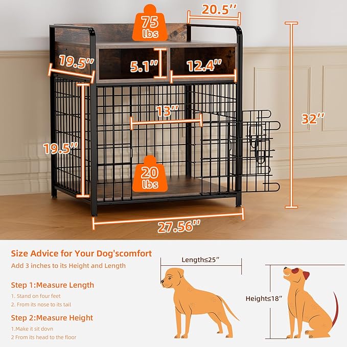 Kepptory Small Dog Crate Furniture with Drawers Storage, Puppy Dog Kennel Indoor with Double Doors, Heavy Duty Wooden Dog Cage Table, Sturdy Metal, Rustic Brown