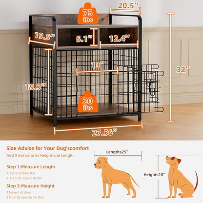 Kepptory Small Dog Crate Furniture with Drawers Storage, Puppy Dog Kennel Indoor with Double Doors, Heavy Duty Wooden Dog Cage Table, Sturdy Metal, Rustic Brown