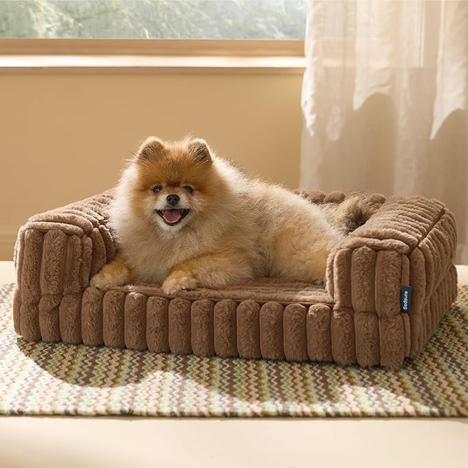 Bedsure ComfyFleece™ Orthopedic Dog Bed for Small Dogs, Waterproof Memory Foam Small Pet Beds with Sides, Non-Slip Bottom and Egg-Crate Foam Medium Dog Couch Sofa with Washable Corduroy Cover, Brown