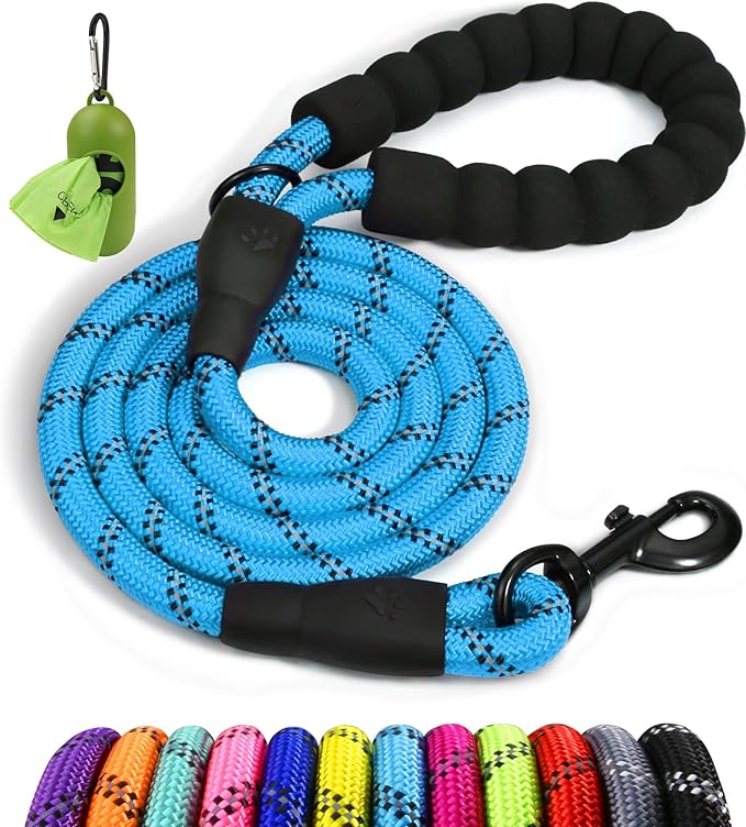 Taglory Rope Dog Leash 6 FT with Comfortable Padded Handle, Highly Reflective Threads Leash and Anti-Tangle Clip for Walking Medium Large Dogs, 1/2 inch, Blue