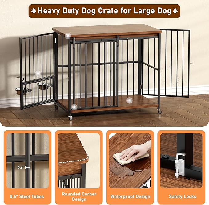 Cofiyard Dog Crate Furniture, 42’’ Wooden Dog Kennel Indoor with Sliding Front Door, Multi-Side Openings & Feeding Window Pet Cage House as TV Stand
