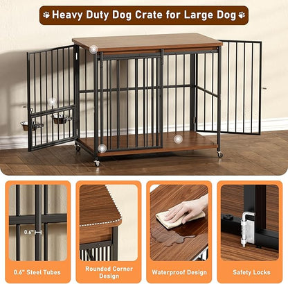 Cofiyard Dog Crate Furniture, 42’’ Wooden Dog Kennel Indoor with Sliding Front Door, Multi-Side Openings & Feeding Window Pet Cage House as TV Stand