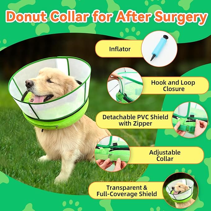 Upgraded Inflatable Dog Cone Collar with Transparent Anti-Licking Shield, Adjustable Elizabethan Collar for Medium Large Dogs, 2-in-1 Design with Detachable Shield and Soft Padding (M+, Lime)