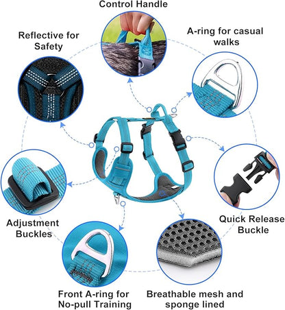 Plutus Pet No Pull Dog Harness, Reflective Adjustable Dog Vest Harness with Handle, Escape Proof, Soft Padded for Small Medium Large Dogs (Light Blue, M)