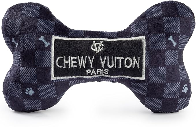 Haute Diggity Dog Chewy Vuiton Bone Plush Squeaky Dog Toy, Soft Durable Designer-Inspired Stuffed Puppy Chew Toys for Small & Medium Dogs, Machine-Washable (Black Checker) Large