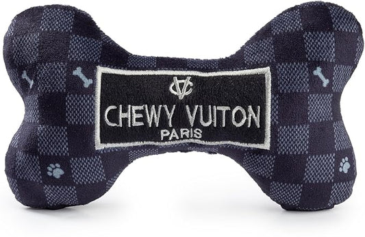 Haute Diggity Dog Chewy Vuiton Bone Plush Squeaky Dog Toy, Soft Durable Designer-Inspired Stuffed Puppy Chew Toys for Small & Medium Dogs, Machine-Washable (Black Checker) Large