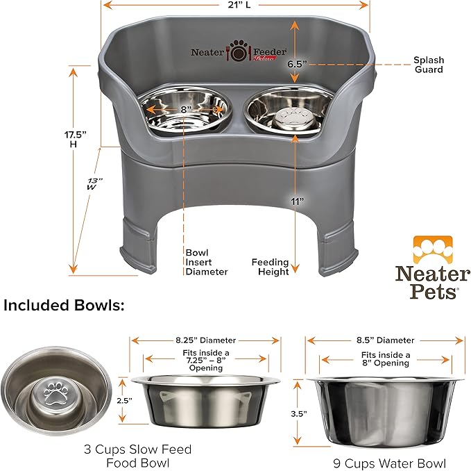Neater Feeder Deluxe Mess-Proof Elevated Dog Bowls for Large Dogs (40+ lbs), 2 Height Adjustable (14.5” & 17.5”) No-Spill Raised Dog Bowl Stand w/Slow Feed Bowl for Food, Made in USA, Grey