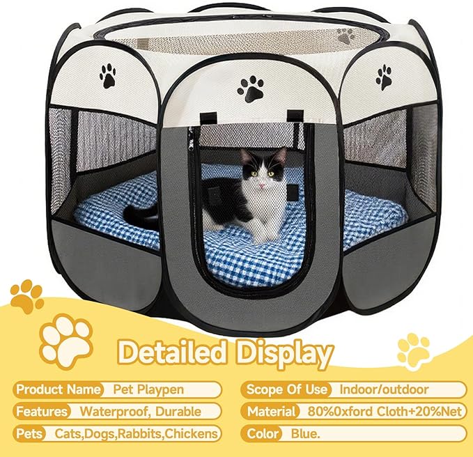 Dog Playpen, Pet Puppy Playpen Indoor for Small Dogs Tent Crates Cage Outdoor, Portable Pop Up Dog Kennel Playpen Cat Tent for Dogs/Cats/Rabbits, Removable Zipper Top, Grey