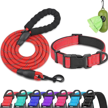 Dynmeow Reflective Dog Collar and Leash Set, 6FT Strong Climbing Rope Leash with Padded Handle, Adjustable Pet Collar with Soft Neoprene Padding for Small Medium Dogs, Red, S