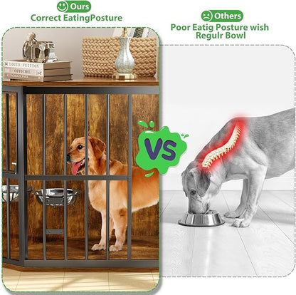 Medium Dog Crate Furniture, 42” Heavy Duty Corner Dog Crate with 2 Stainless Steel Bowls, Dog Kennel Furniture Style House, Wooden Decorative Pet House End Side Table, Chew-Resistant, Rustic
