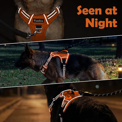 Funfox Dog Harness No Pull, Adjustable Pet Vest Harness, Super Soft Material with Vertical Handle Easy Control, Reflective Night Walking, 2 Leash Clips for Medium Sized Dogs, Orange, M