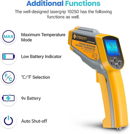 Etekcity Infrared Thermometer 1025D (Not for Human) Dual Laser Temperature Gun-58℉~1022℉ (-50℃~550℃) with Adjustable Emissivity, Non-Contact Voltage Tester (NCV), Standard Size, Yellow & Gray