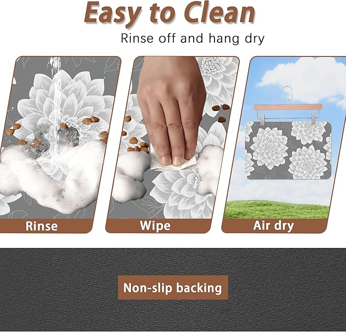 Dahlia Dog Cat Food Mat,Gray White Flowers Absorbent Pet Feeding Mat with Rubber Backing,Non-Slip Water Bowl Placemat,Indoor Pet Accessories Supplies 16"x24"