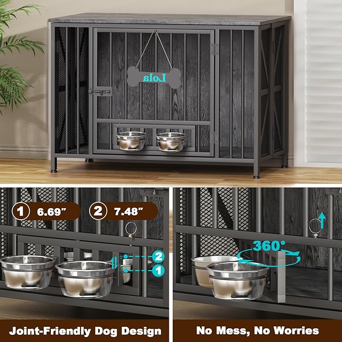 Easycom Foldable Large Dog Crate Furniture, 41.3" Assembly-Free Dog Crates for Large Dogs, Decorative Wooden Dog Kennel Indoor with Tag & Dog Bowls, Dog Cage Use as TV Stand, Dark Grey
