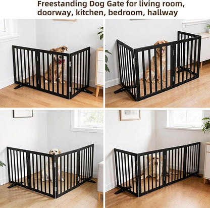 ZJSF Freestanding Indoor Dog Gate for House Foldable Wood Puppy Gate for Doorways Pet Gate for Stairs Extra Wide Pet Fence, Black, 24" Height 3 Panels