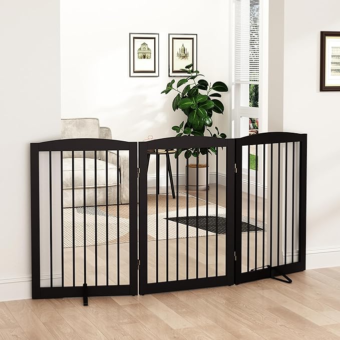 PUPETPO Freestanding Pet Gate for Dogs, Foldable Wooden Dog Gate for House Indoor, Tall Pet Fence for Stair, Doorway,Hall, Support Feet Included, 3 Panels 32",Brown