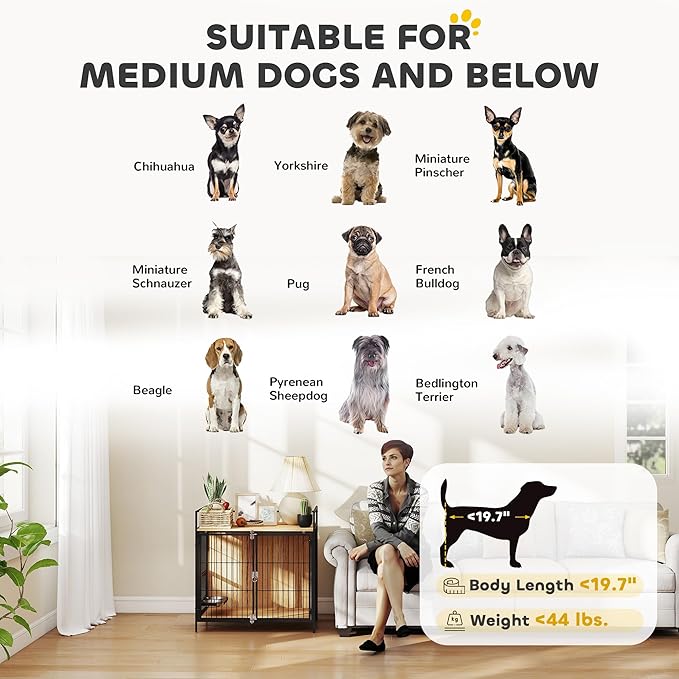 PawHut Dog Crate Furniture with Rotating Bowls, 30 Inch Pet Kennel Furniture End Side Table with 2 Doors, Top Storage Shelf, for Indoor Medium Dogs, Oak