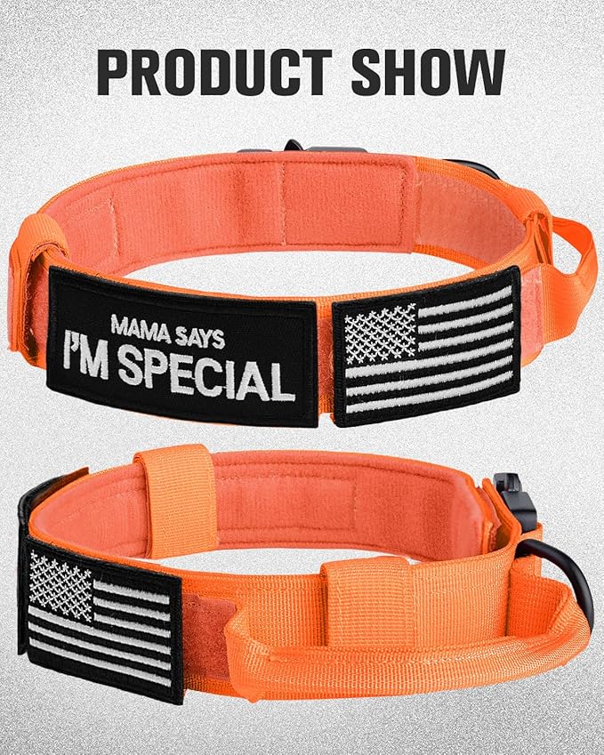 Joytale Tactical Dog Collar with Handle and Metal Buckle, Heavy Duty Padded Military Collar with 2 Patches for Training, Adjustable for XLarge Dogs, Orange, XL