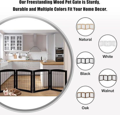 LZRS 4-Panel Extra-Wide Wooden Freestanding Dog Gate: Foldable Solid Wood and Steel Wire Chew Resistant Safety Barrier for Doorways, Stairs, and Large Open Spaces Indoor Use, Black