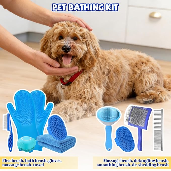 8PCS Dog Slicker Brush for Dogs Grooming Kit,Bath Grooming Kit for Pets,Hair Brush Set with Towel,Washing Gloves,Slicker Comb,and Shampoo Scrubber Brush for Small and Large Dogs and Cats(Blue)