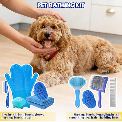 8PCS Dog Slicker Brush for Dogs Grooming Kit,Bath Grooming Kit for Pets,Hair Brush Set with Towel,Washing Gloves,Slicker Comb,and Shampoo Scrubber Brush for Small and Large Dogs and Cats(Blue)