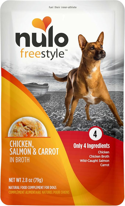 Nulo Freestyle Chicken, Salmon, & Carrot in Broth Real Meat Dog Food Topper, 2.8 Ounce (Pack of 24)