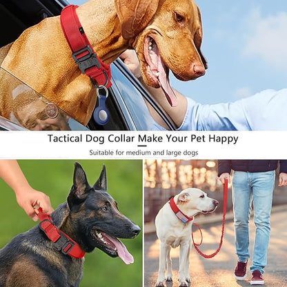 DAGANXI Tactical Dog Collar, Adjustable Military Training Nylon Dog Collar with Control Handle and Heavy Metal Buckle for Medium and Large Dogs, with Patches and Airtags Case (Red-Set, M)