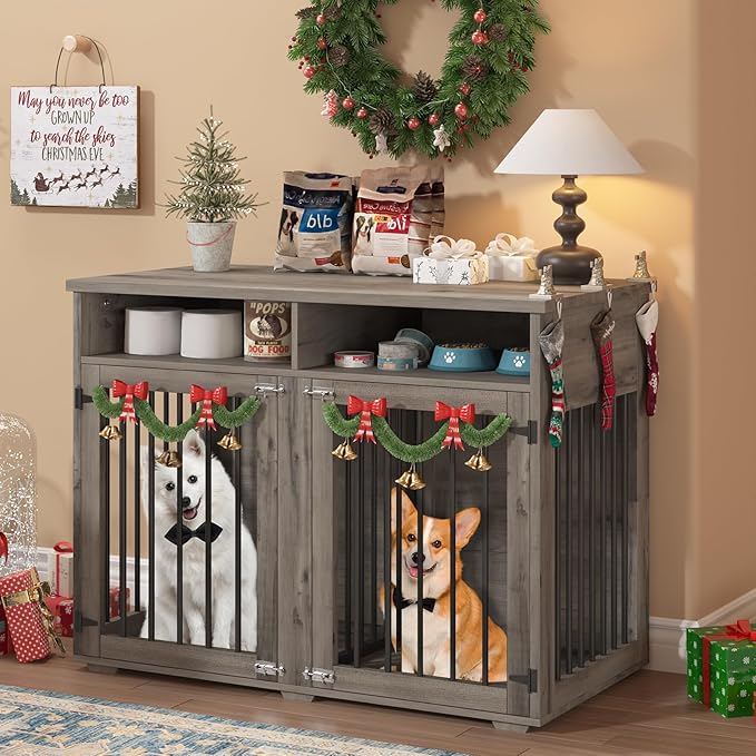 Furniture Dog Crate for Two Dogs, 41 Inch Farmhouse Style Dog Kennel with Removable Divider and Thickened Desktop, Heavy-Duty Base for Small to Medium Dogs, Grey