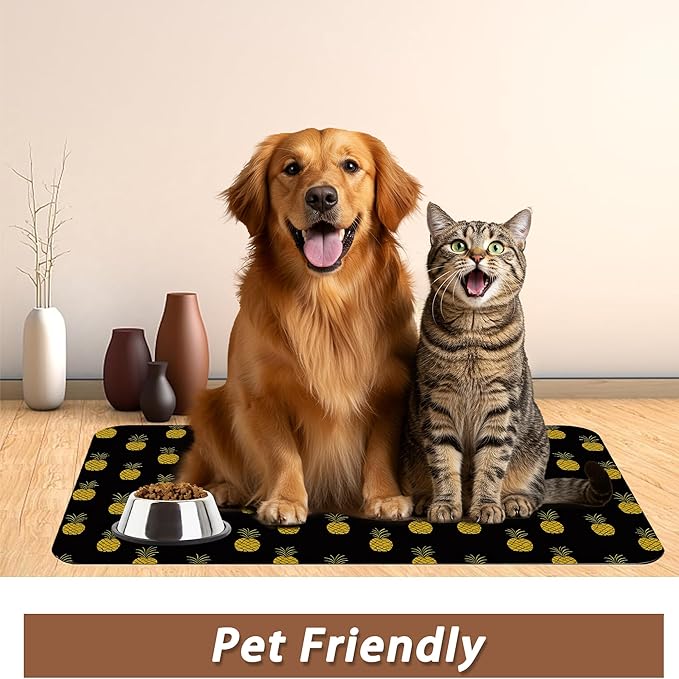 Dog Food Mat for Floors,Pineapple Tropical Absorbent Quick-Dry Pet Feeding Mat,Cat Dog Bowl Mats for Food and Water,Non-Slip Pet Accessories Supplies 12"x20"