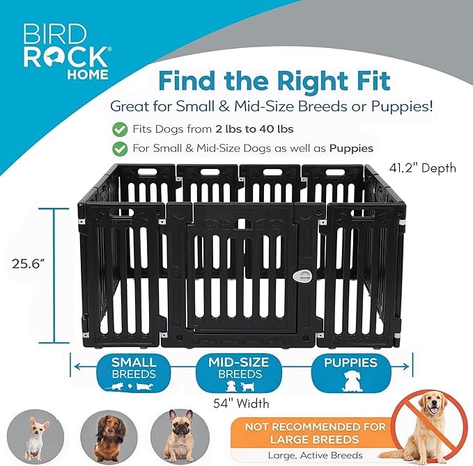 BIRDROCK HOME Dog Playpen w/Door, 12 Panel, 25.6in H | Strong Plastic, Non-Slip Puppy Playpen, Secure Pet Gate | Indoor Outdoor Fence | Configurable Panels | Small to Medium Pets - Black