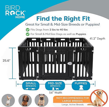 BIRDROCK HOME Dog Playpen w/Door, 12 Panel, 25.6in H | Strong Plastic, Non-Slip Puppy Playpen, Secure Pet Gate | Indoor Outdoor Fence | Configurable Panels | Small to Medium Pets - Black